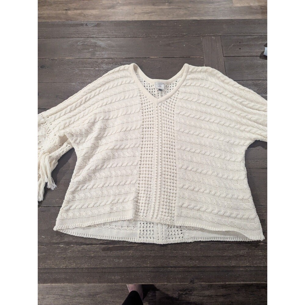 Cabi‎ Fiesta Fringe Sweater Small Cream Boxy Poncho Boho Coastal Beachy